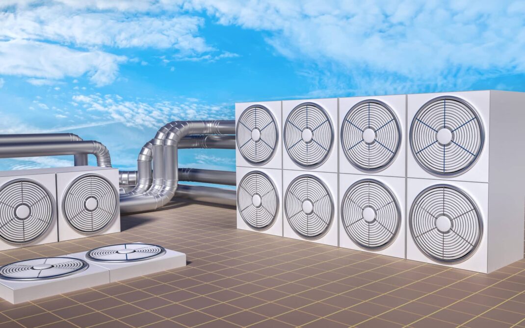 HVAC (Heating, Ventilating, Air Conditioning) units on roof. 3D illustration, HVAC Efficiency.